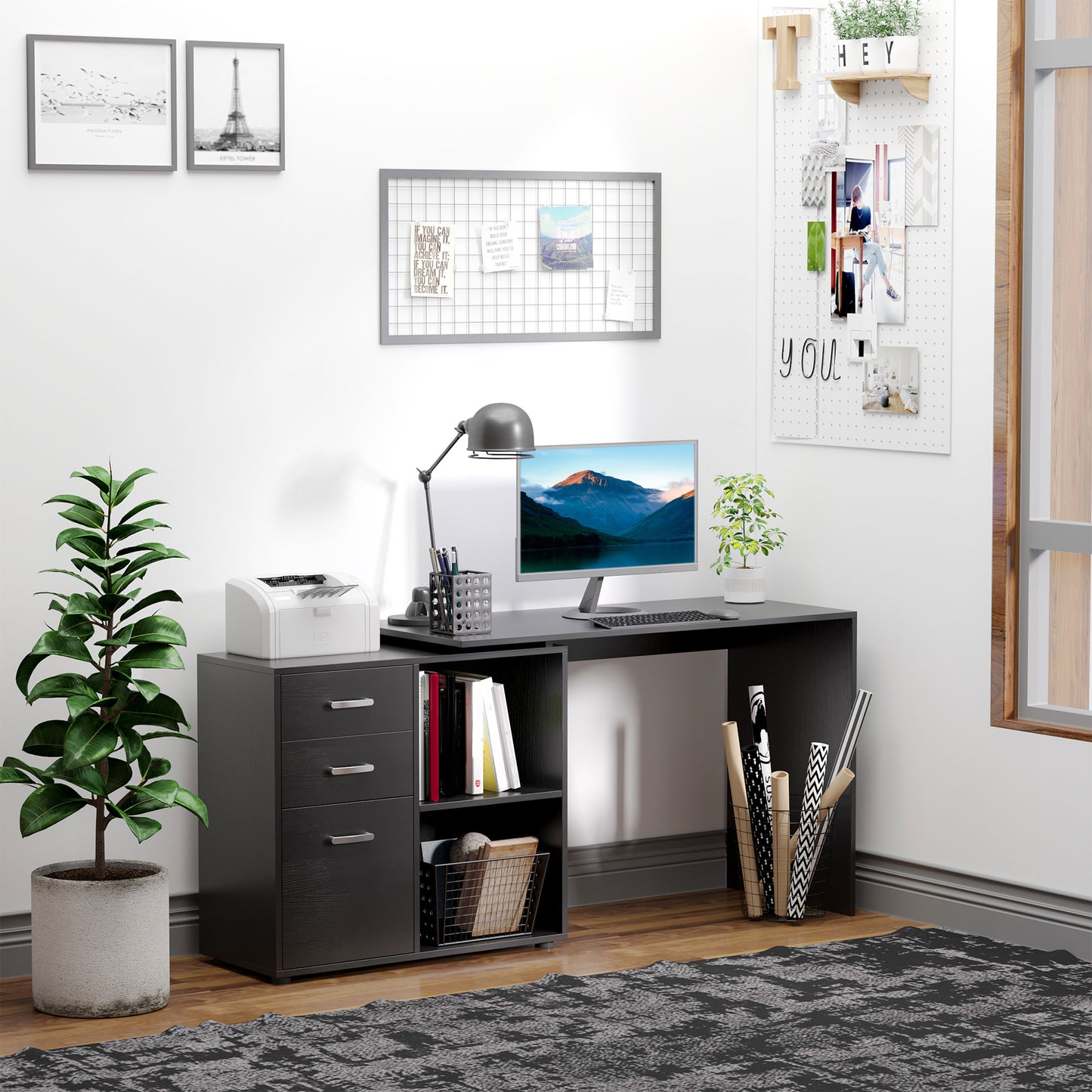 Computer Desk Table Workstation L Shape File Cabinet Black Home Office