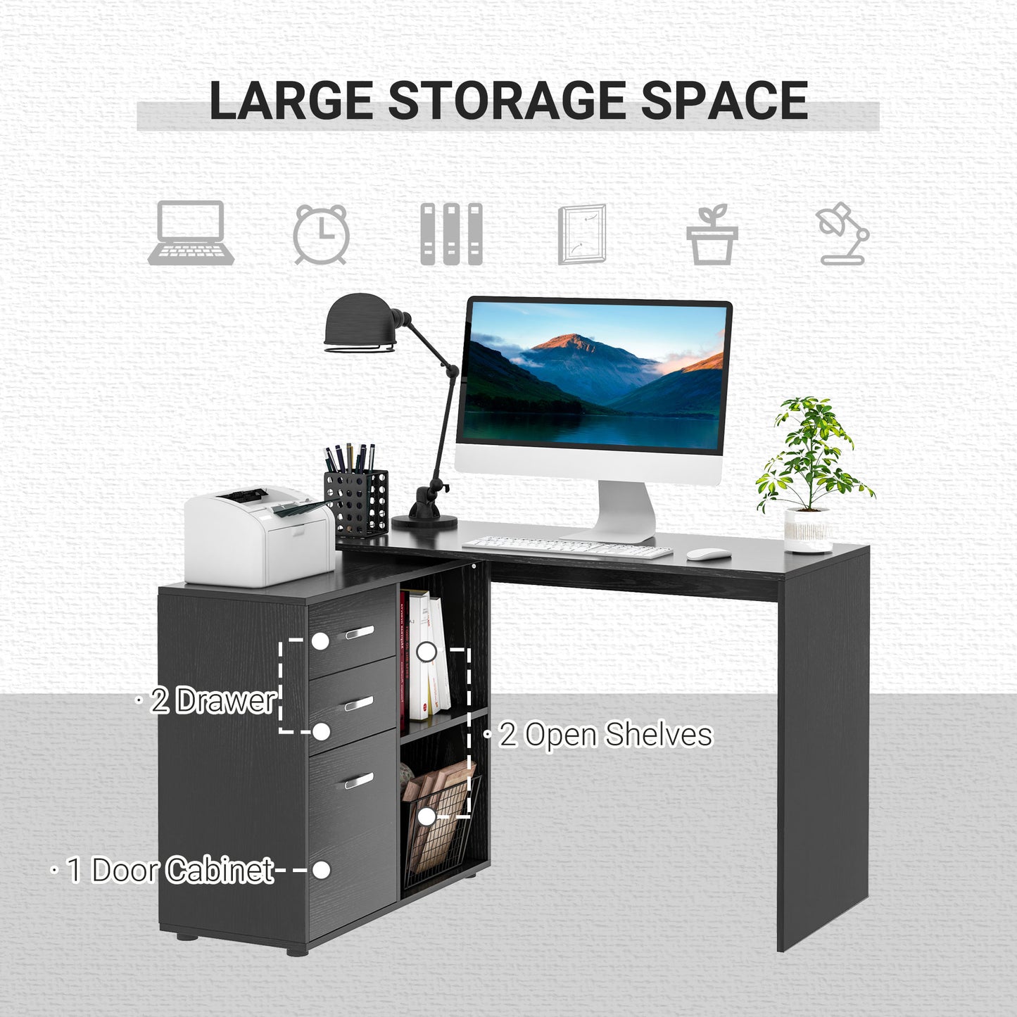 Computer Desk Table Workstation L Shape File Cabinet Black Home Office