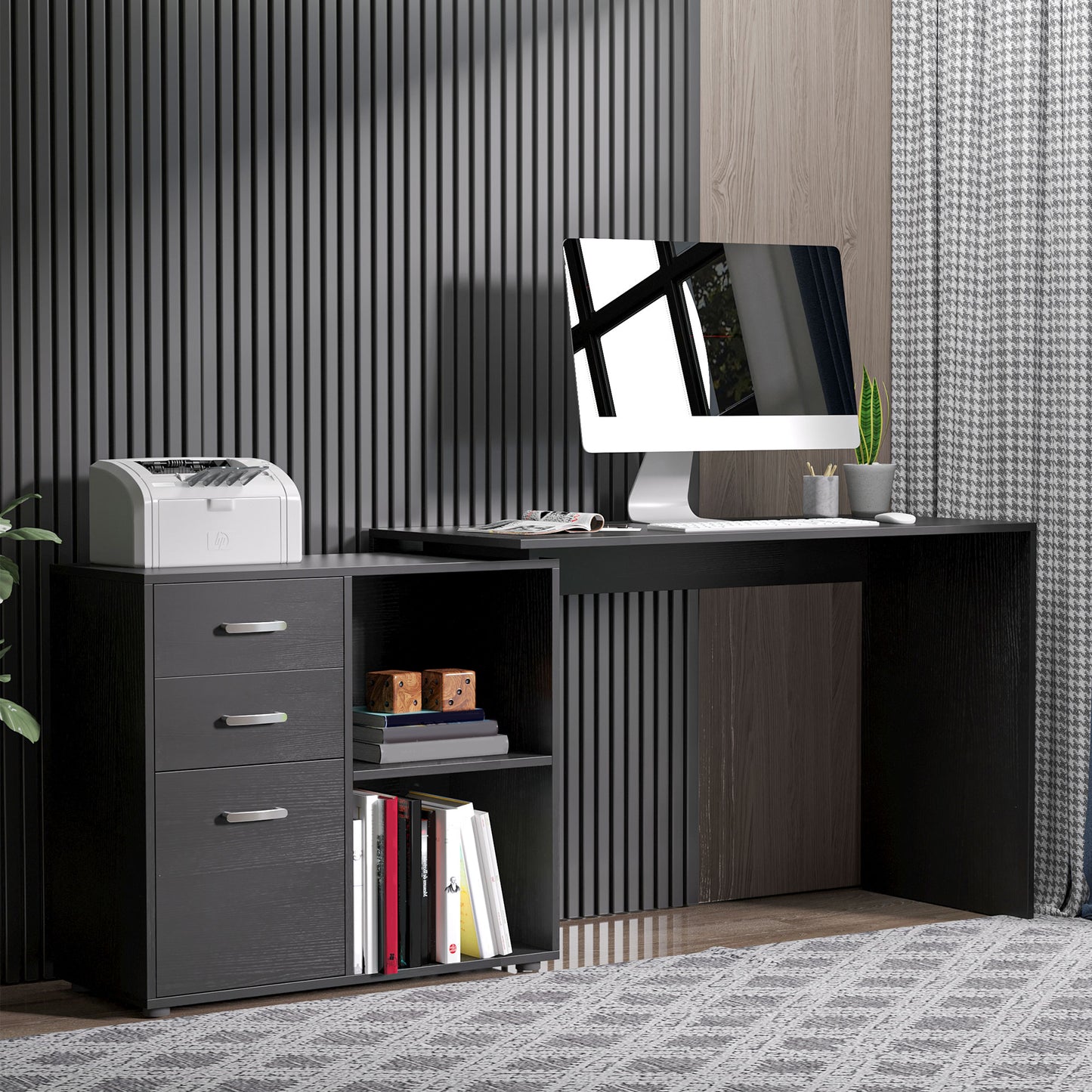 Computer Desk Table Workstation L Shape File Cabinet Black Home Office