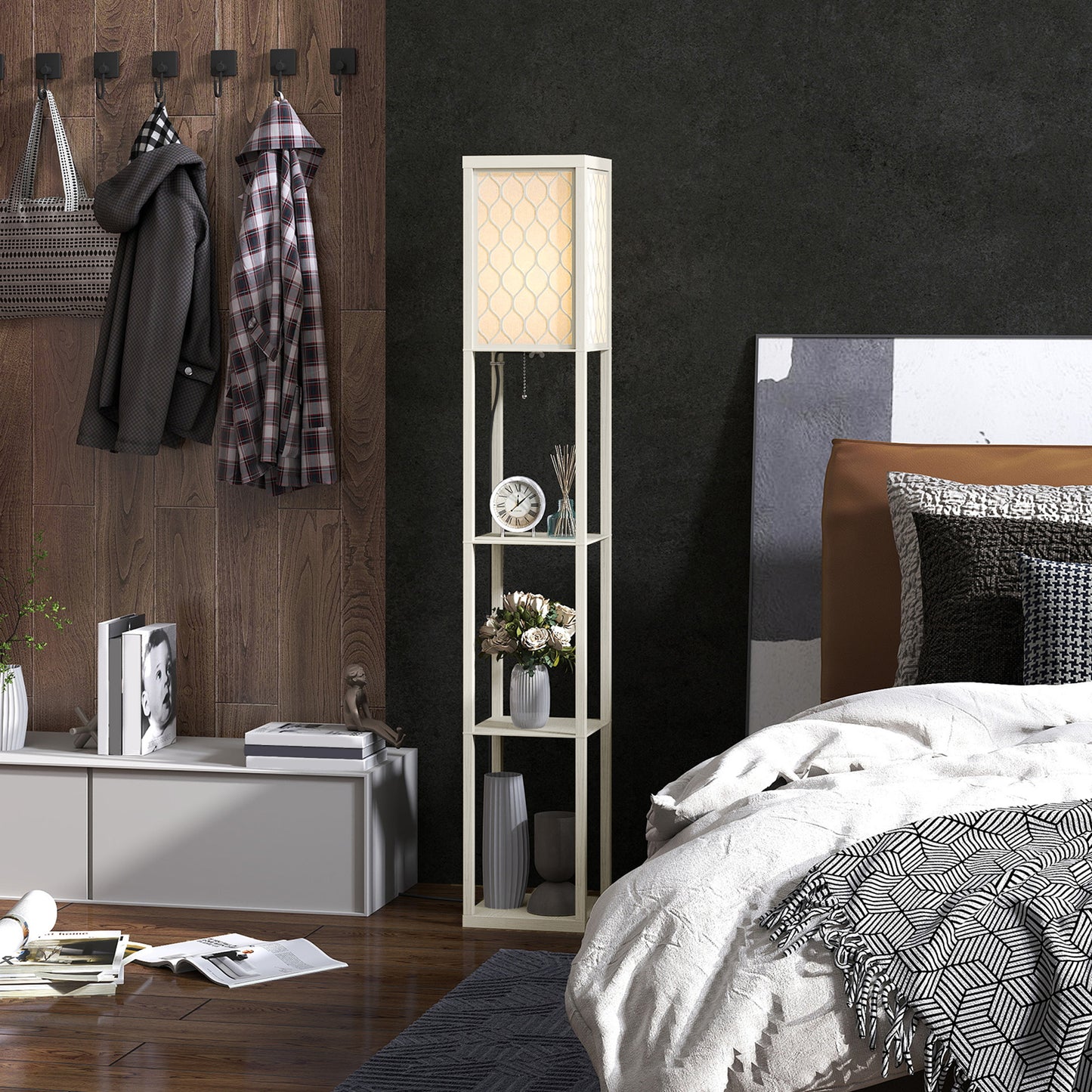 Modern Floor Lamp Light with 3 Shelves Fabric Lampshade Oak