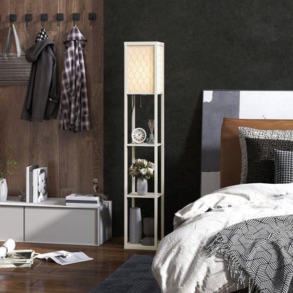Modern Floor Lamp Light with 3 Shelves Fabric Lampshade Oak