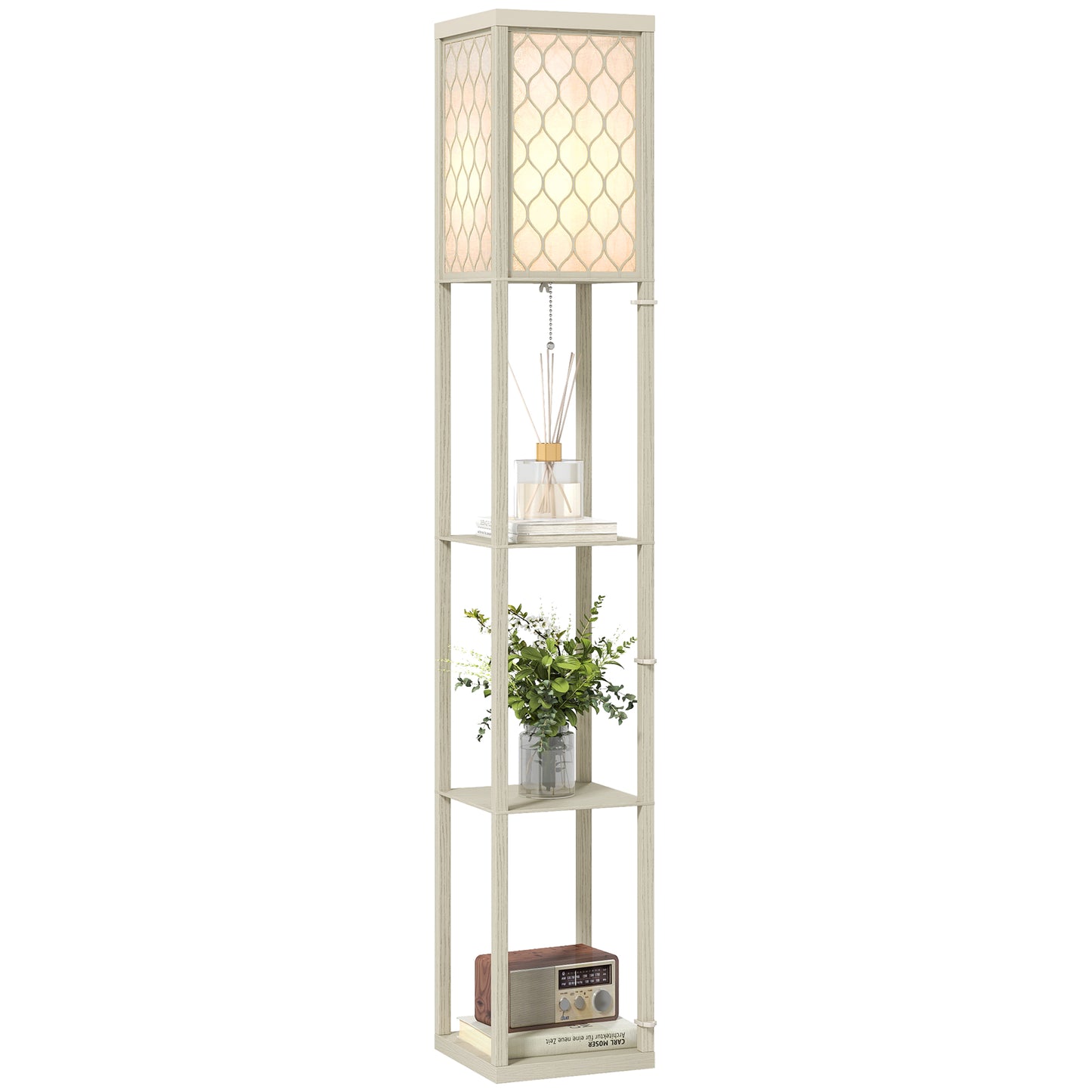 Modern Floor Lamp Light with 3 Shelves Fabric Lampshade Oak