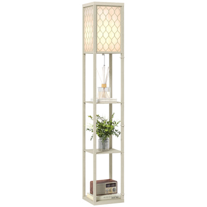 Modern Floor Lamp Light with 3 Shelves Fabric Lampshade Oak