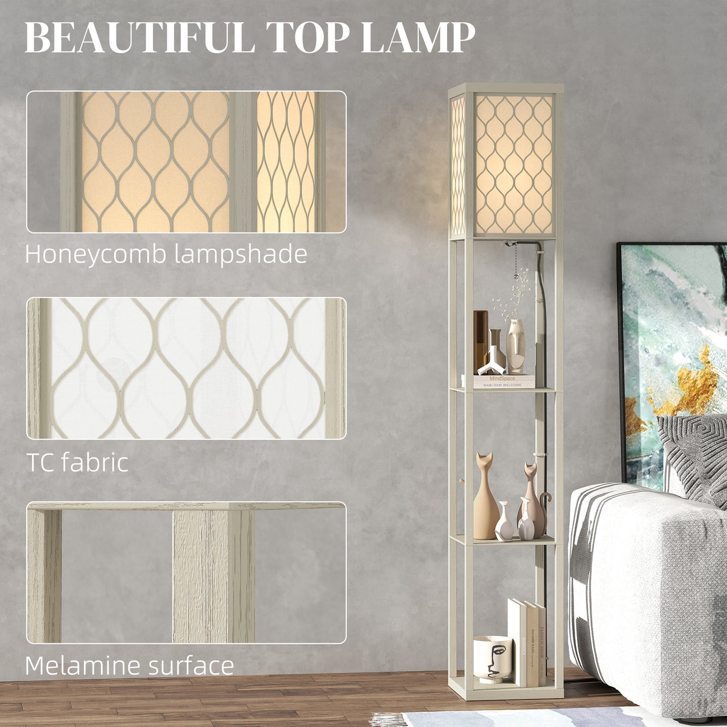 Modern Floor Lamp Light with 3 Shelves Fabric Lampshade Oak