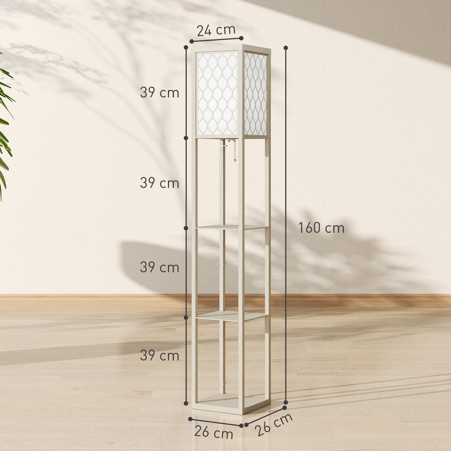 Modern Floor Lamp Light with 3 Shelves Fabric Lampshade Oak