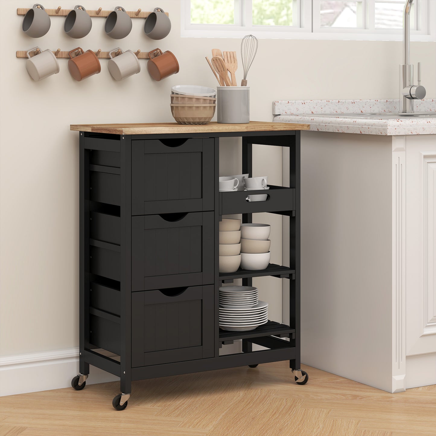 Rolling Kitchen Island Cart, Bar Serving Cart, Compact Trolley Black