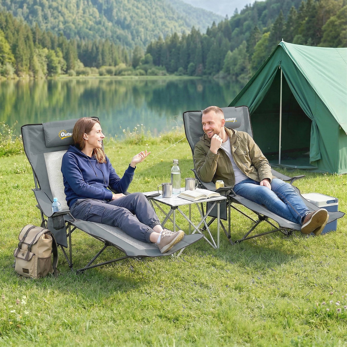 Set of 2 Reclining Folding Camping Chair, Portable Camp Chair with Adjustable Backrest, Footrest, Storage Pocket, Cup Holder and Headrest, for Camping, Beach, Picnic, Grey