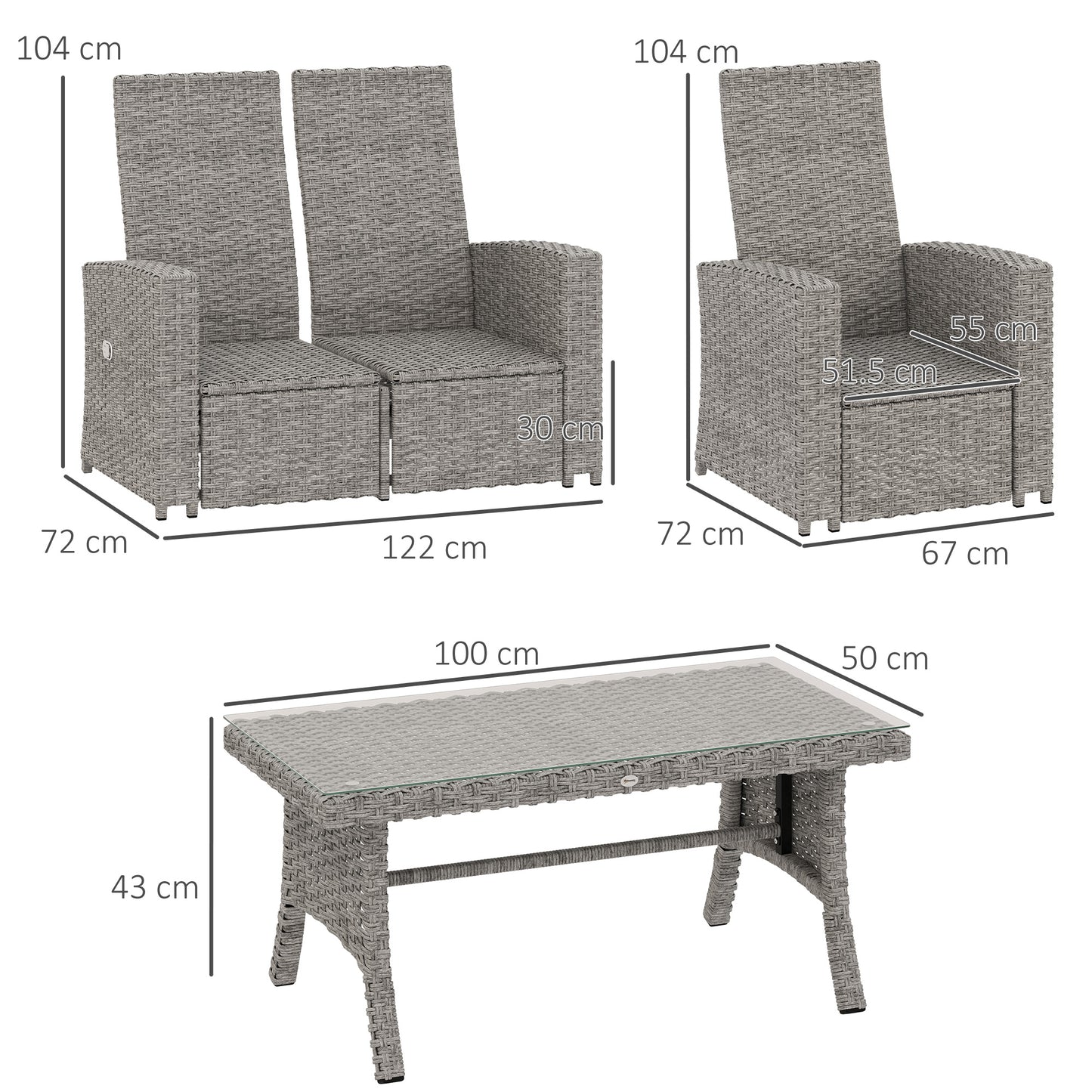 4 Piece Reclining Rattan Garden Furniture Set with Sofa, Glass Table, Blue