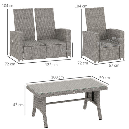 4 Piece Reclining Rattan Garden Furniture Set with Sofa, Glass Table, Blue