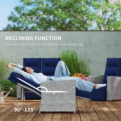 4 Piece Reclining Rattan Garden Furniture Set with Sofa, Glass Table, Blue