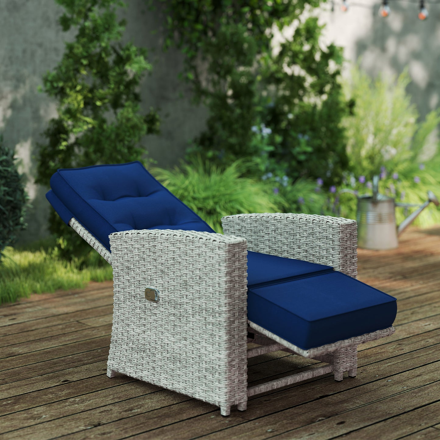 4 Piece Reclining Rattan Garden Furniture Set with Sofa, Glass Table, Blue
