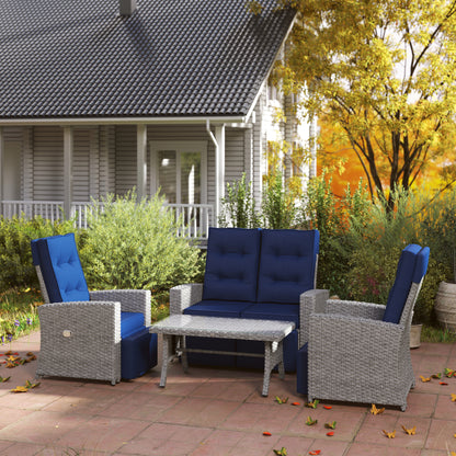 4 Piece Reclining Rattan Garden Furniture Set with Sofa, Glass Table, Blue