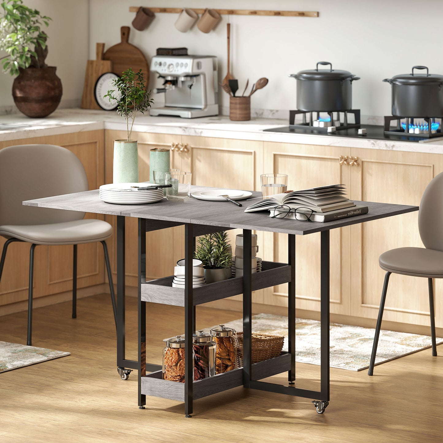 Folding Dining Table, Drop Leaf Table with Open Compartments, Grey
