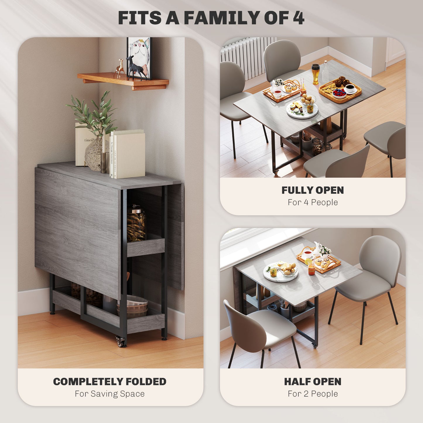 Folding Dining Table, Drop Leaf Table with Open Compartments, Grey