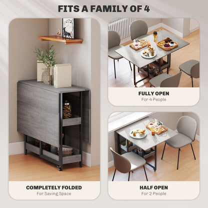 Folding Dining Table, Drop Leaf Table with Open Compartments, Grey