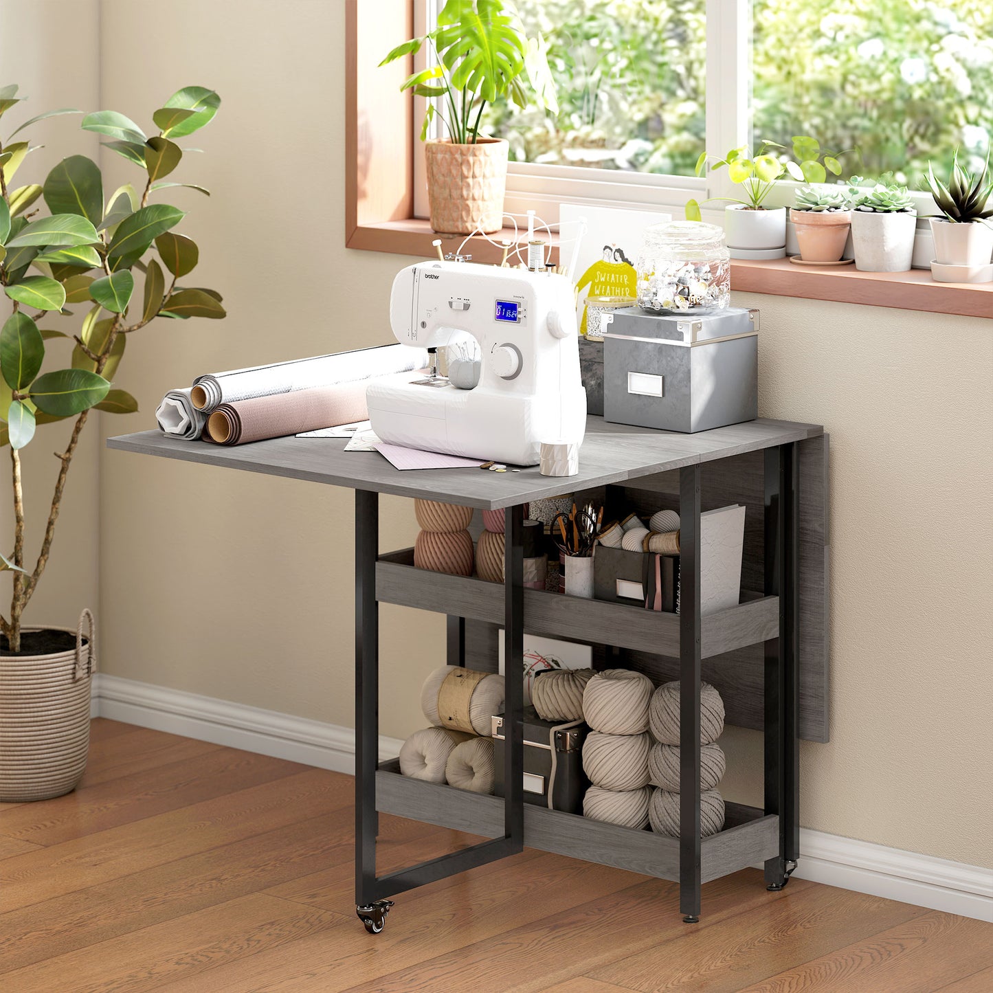 Folding Dining Table, Drop Leaf Table with Open Compartments, Grey
