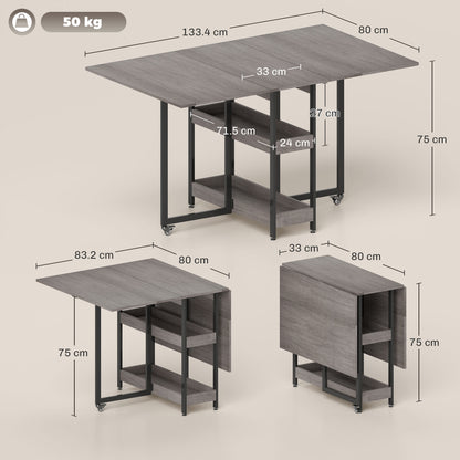 Folding Dining Table, Drop Leaf Table with Open Compartments, Grey