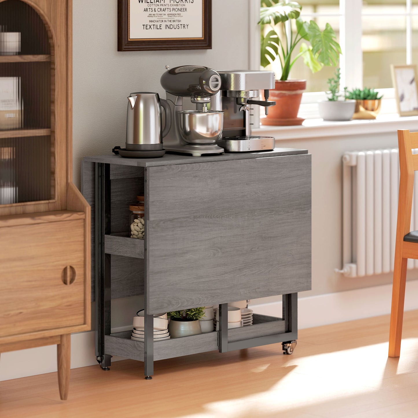 Folding Dining Table, Drop Leaf Table with Open Compartments, Grey