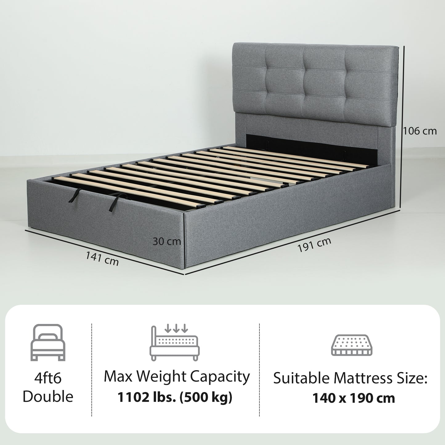 Upholstered Double Ottoman Bed, 4ft6 Double Ottoman Bed with Gas Lift Storage - Grey