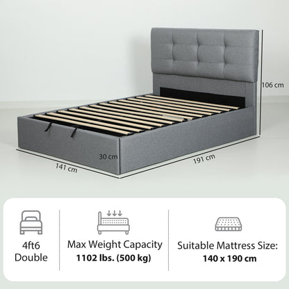 Upholstered Double Ottoman Bed, 4ft6 Double Ottoman Bed with Gas Lift Storage - Grey