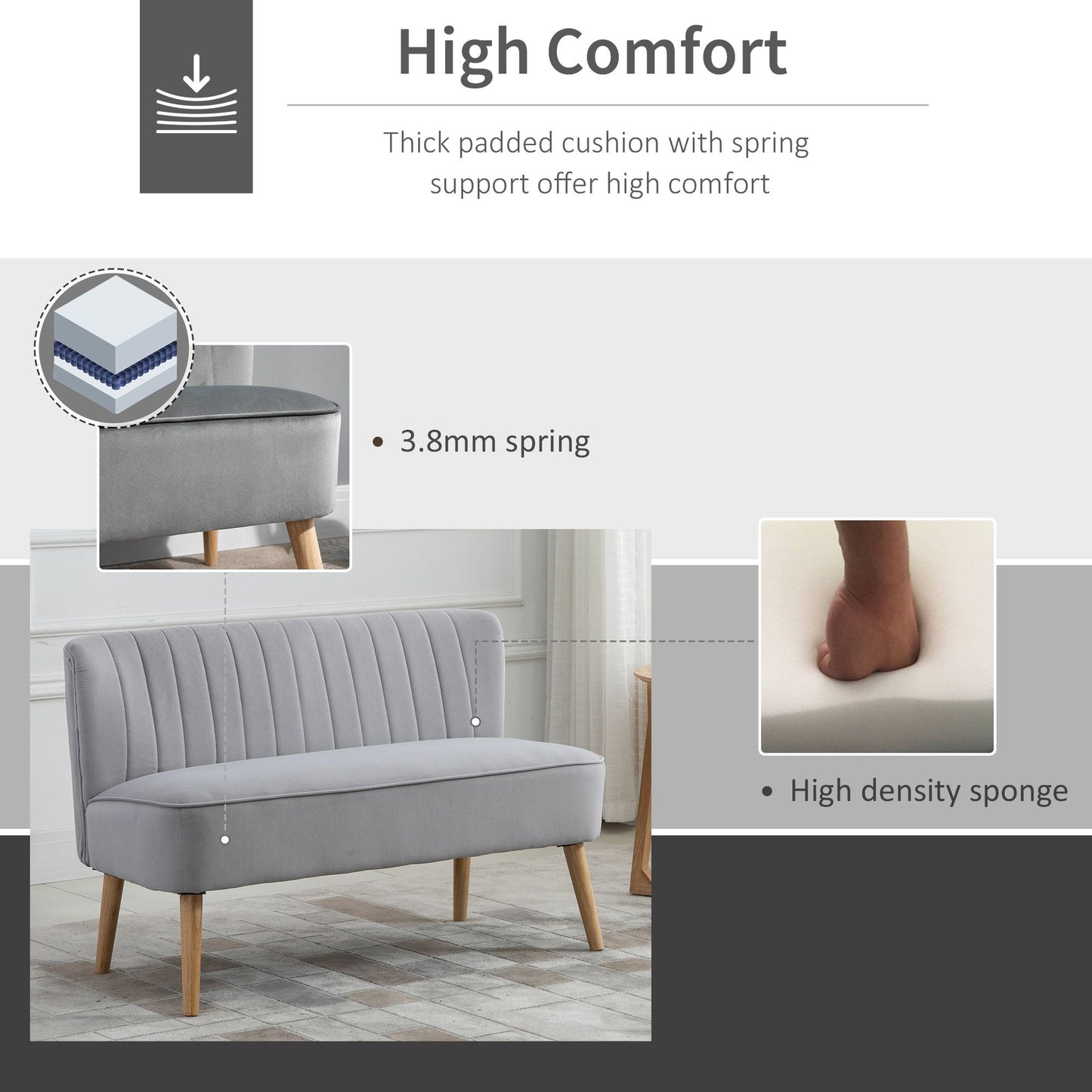 Velvet-Feel Double Sofa w/ Wood Frame Foam Padding