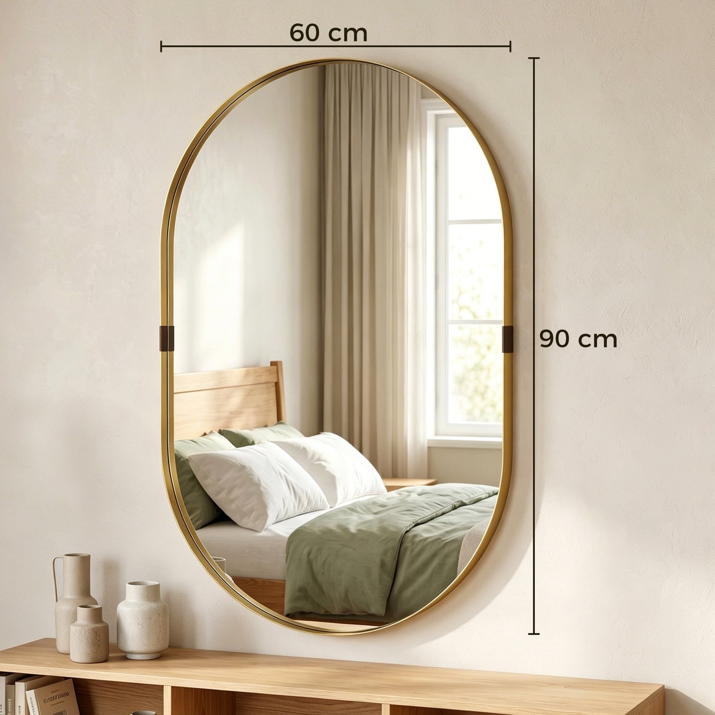 Wall Mirror with Elevated Aluminium Alloy Frame, 60 x 90 cm Bathroom Mirror with Tempered Glass for Living Room, Bedroom, Hallway, Gold Tone