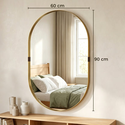 Wall Mirror with Elevated Aluminium Alloy Frame, 60 x 90 cm Bathroom Mirror with Tempered Glass for Living Room, Bedroom, Hallway, Gold Tone