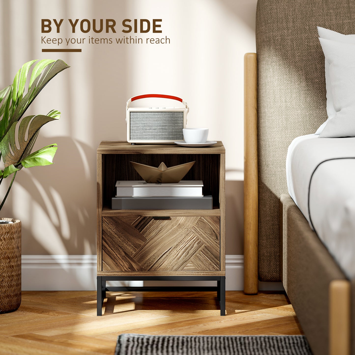 Bedside Table, Sofa Side Table with Drawer for Bedroom, Brown