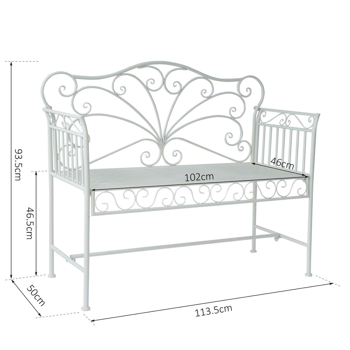 Garden 2 Seater Metal Bench Park Seating Outdoor Furniture Chair w/ Decorative Backrest White