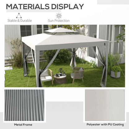 3 x 3 m Gazebo, Netting Party Tent w/ Double Tier Roof, Light Grey