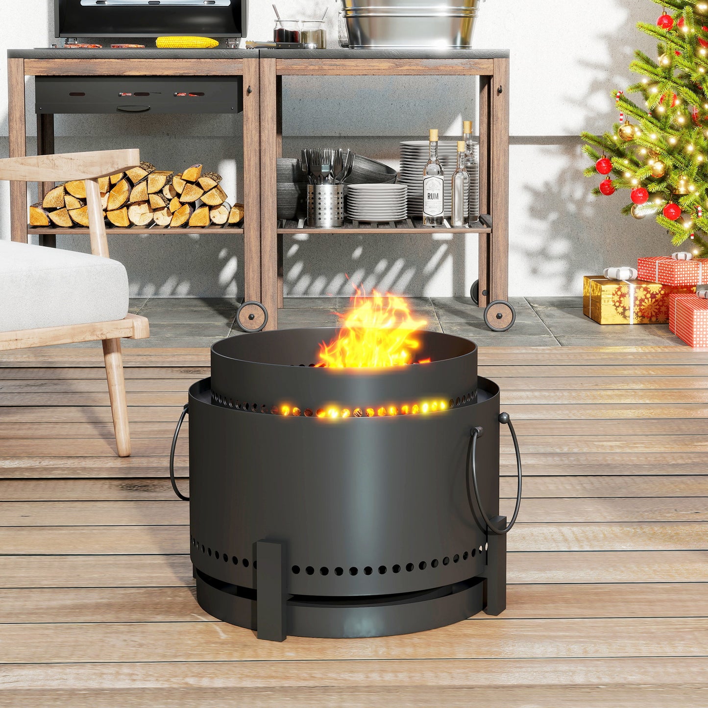 37cm Smokeless Wood Burning Firepit Metal Fire Pit, Dark Grey