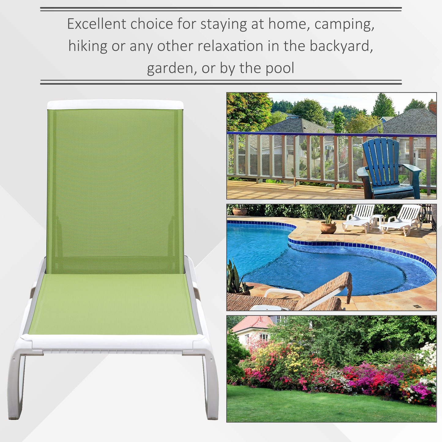 Portable Outdoor Chaise Lounge Sun Lounger with Adjustable Back, Breathable Texteline, Green