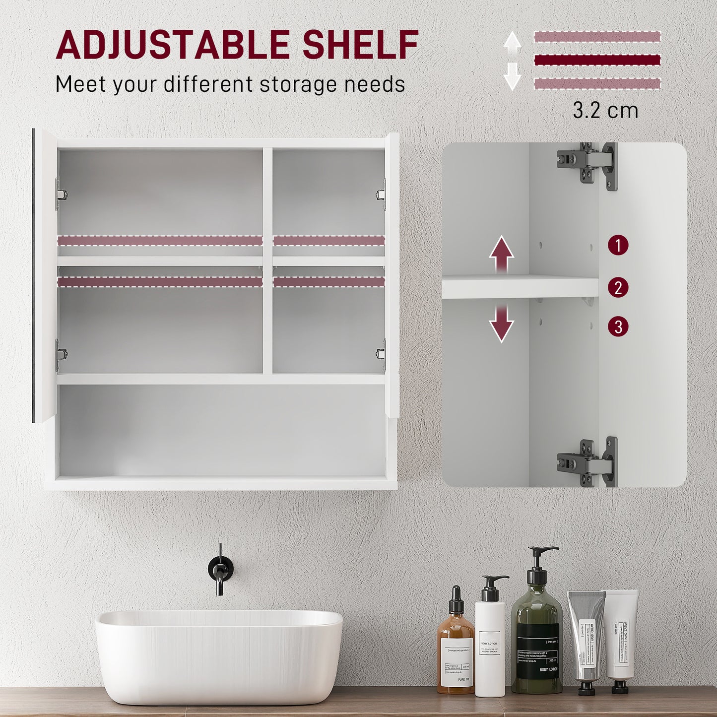 Wall Mounted Bathroom Storage Cupboard W/ Mirror and Shelf, White