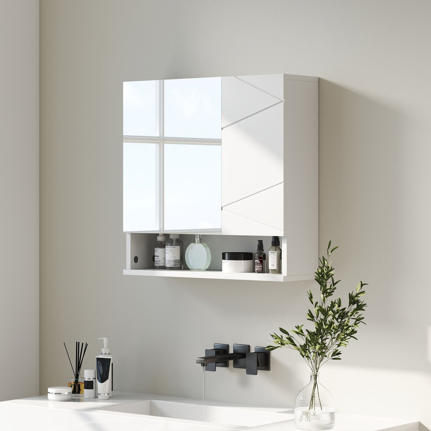 Wall Mounted Bathroom Storage Cupboard W/ Mirror and Shelf, White