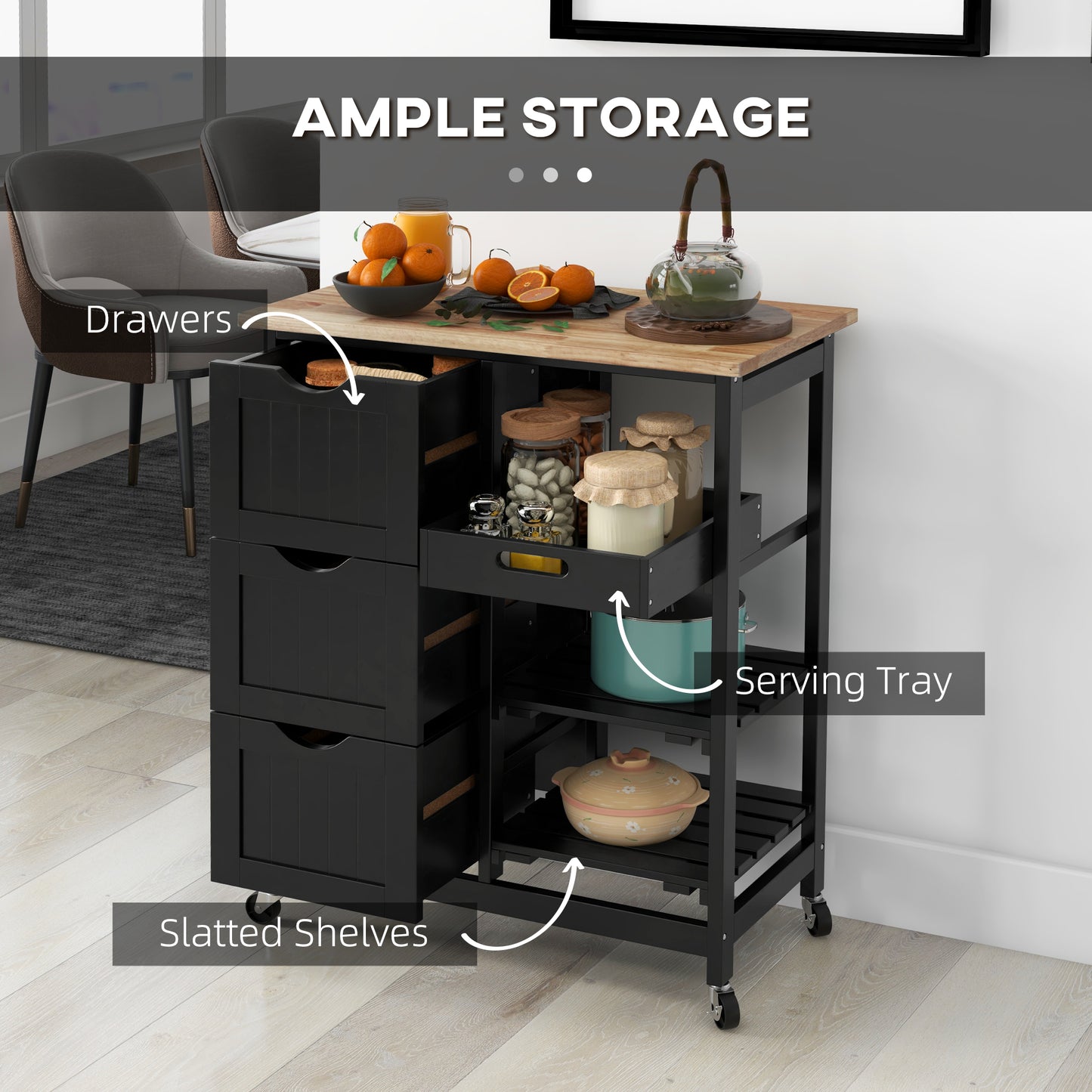 Rolling Kitchen Island Cart, Bar Serving Cart, Compact Trolley Black