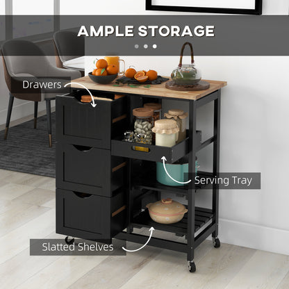 Rolling Kitchen Island Cart, Bar Serving Cart, Compact Trolley Black