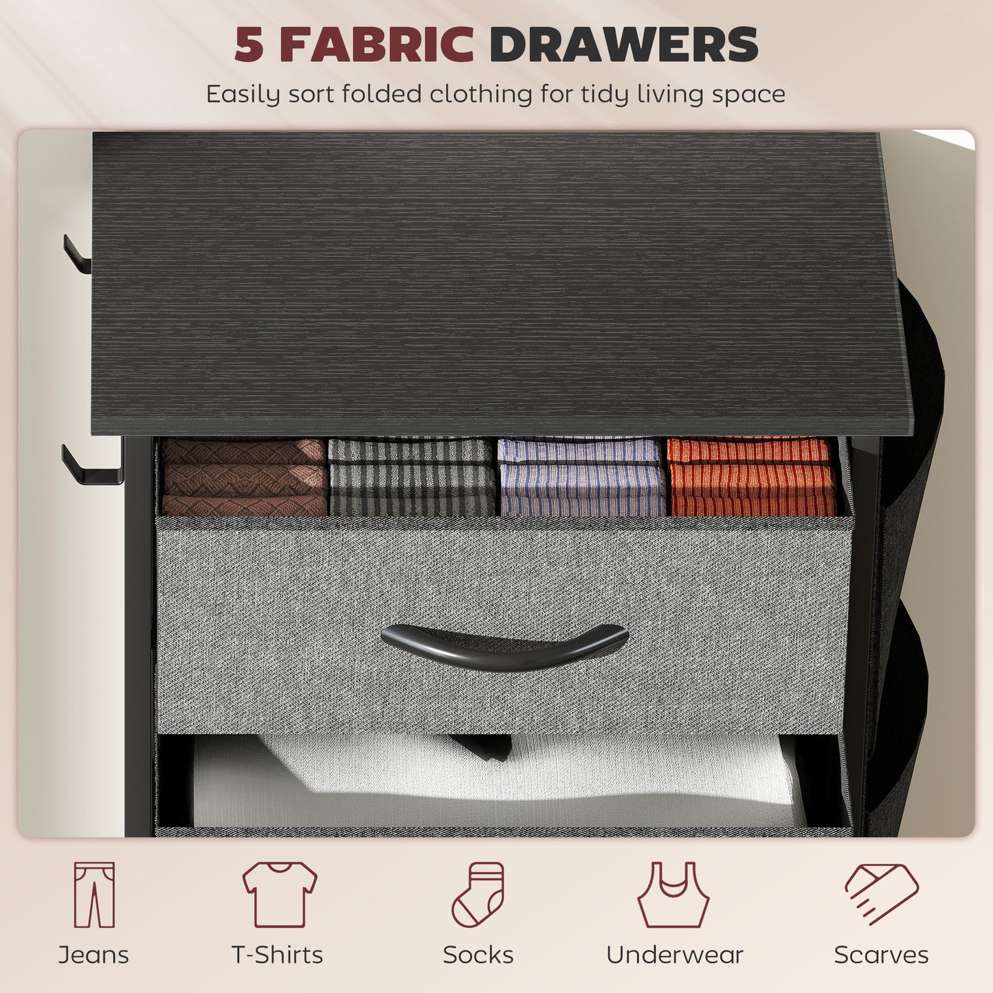 Fabric Chest of Drawers, 5 Drawer Dresser for Bedroom, Charcoal Grey
