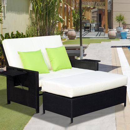 Outsunny 2 Seater Assembled Garden Patio Outdoor Rattan Furniture Sofa Sun Lounger Daybed with Fire Retardant Cotton - Black