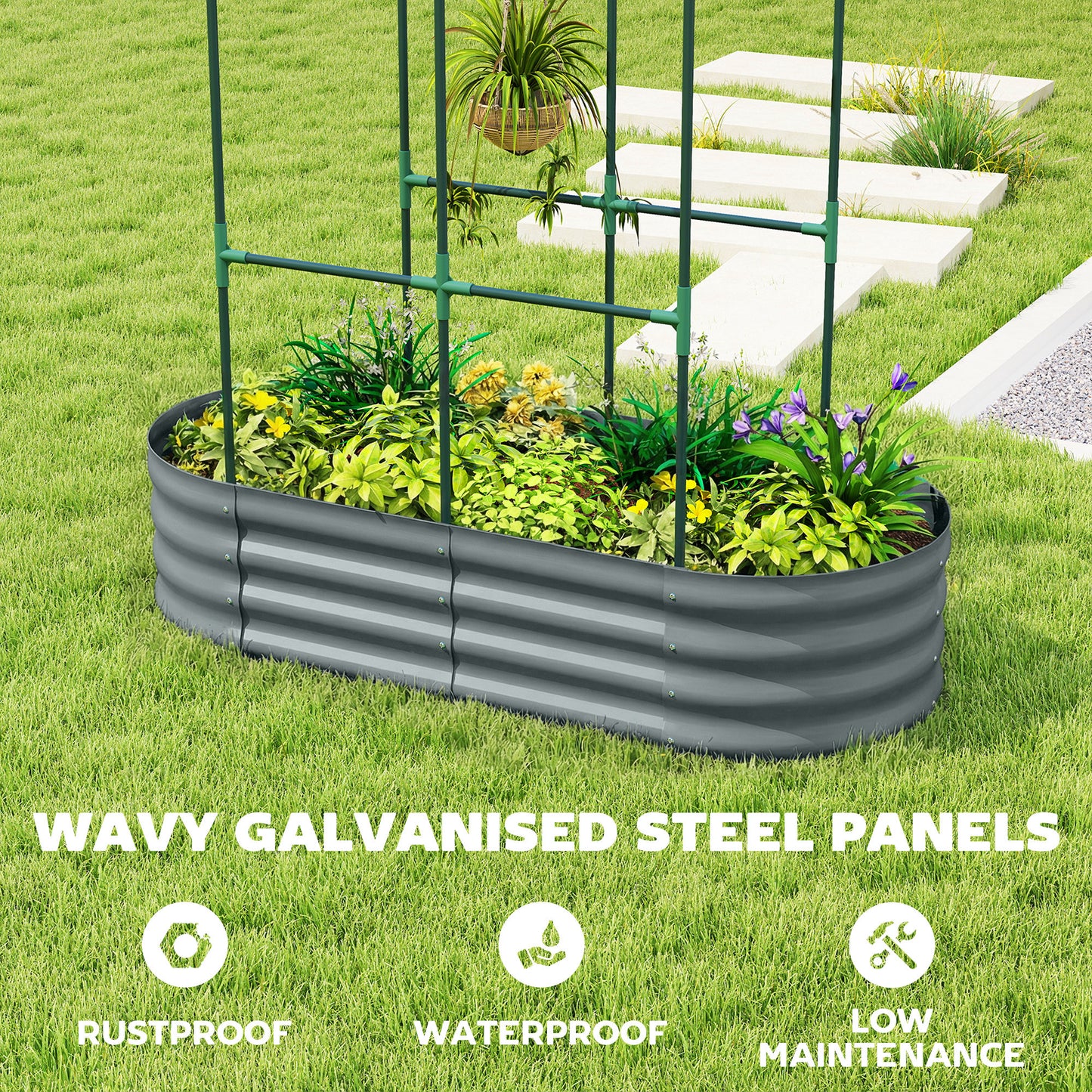 4 x 2 x 4.6ft Galvanised Raised Garden Bed with Trellis, Dark Grey