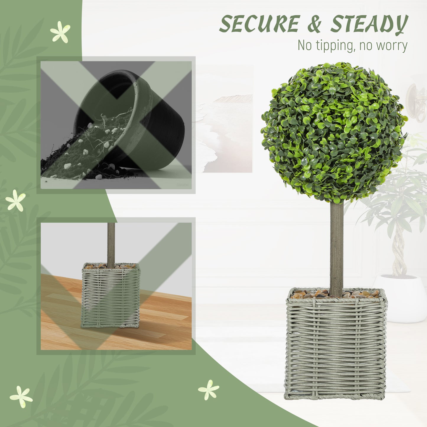 Set of 2 Artificial Plants, 50cm Faux Boxwood Topiary Balls, Green