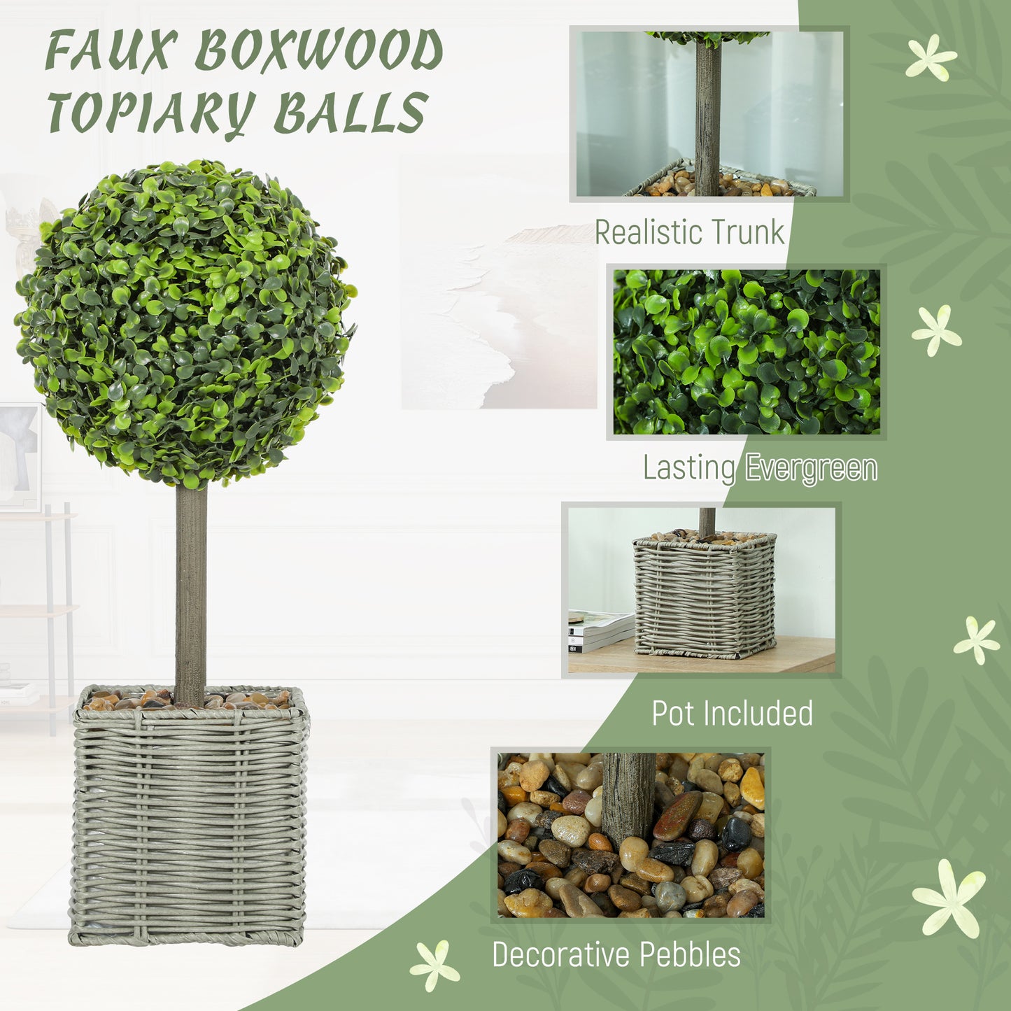 Set of 2 Artificial Plants, 50cm Faux Boxwood Topiary Balls, Green