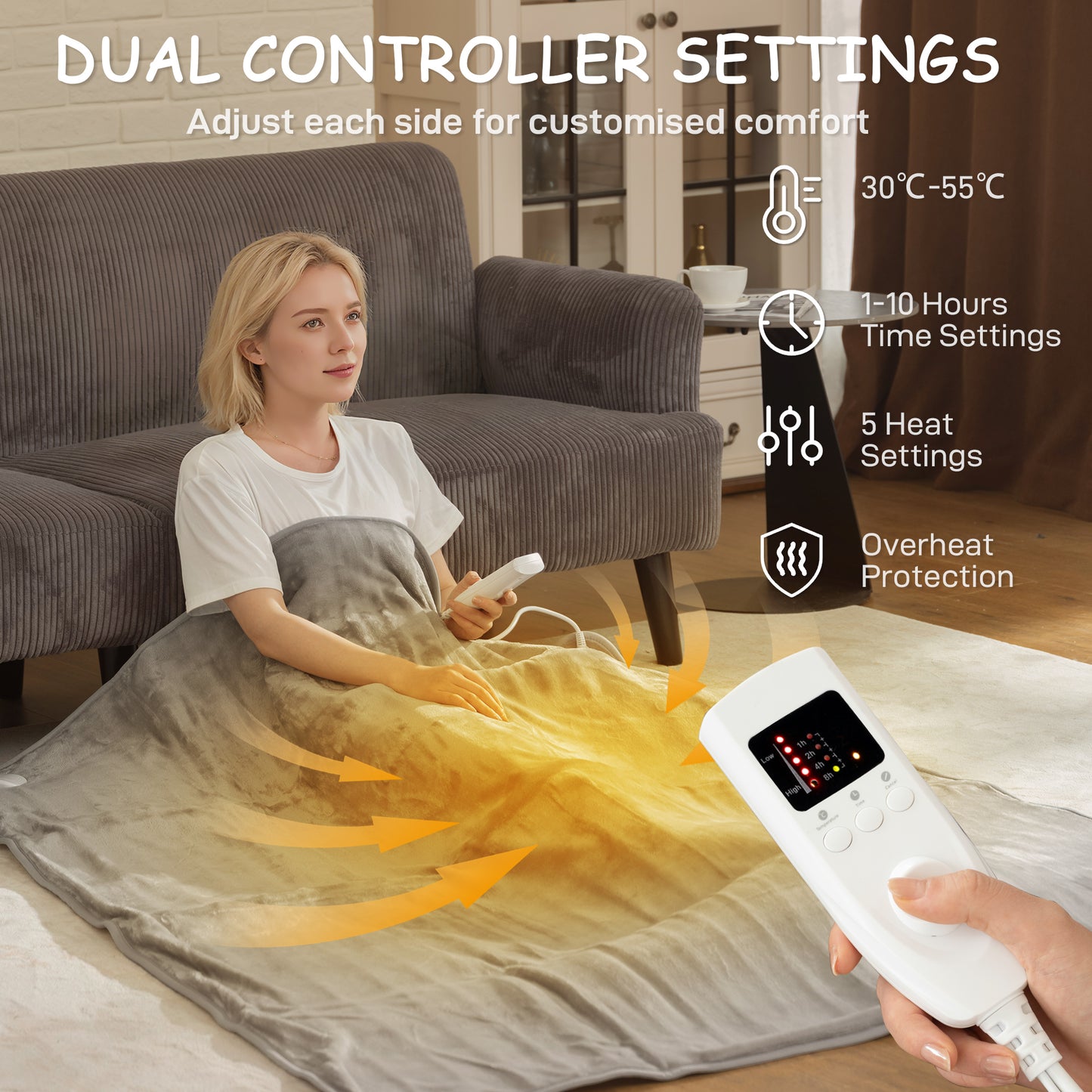 Flannel Fabric Heated Throw, Machine Washable Electric Blanket, Grey