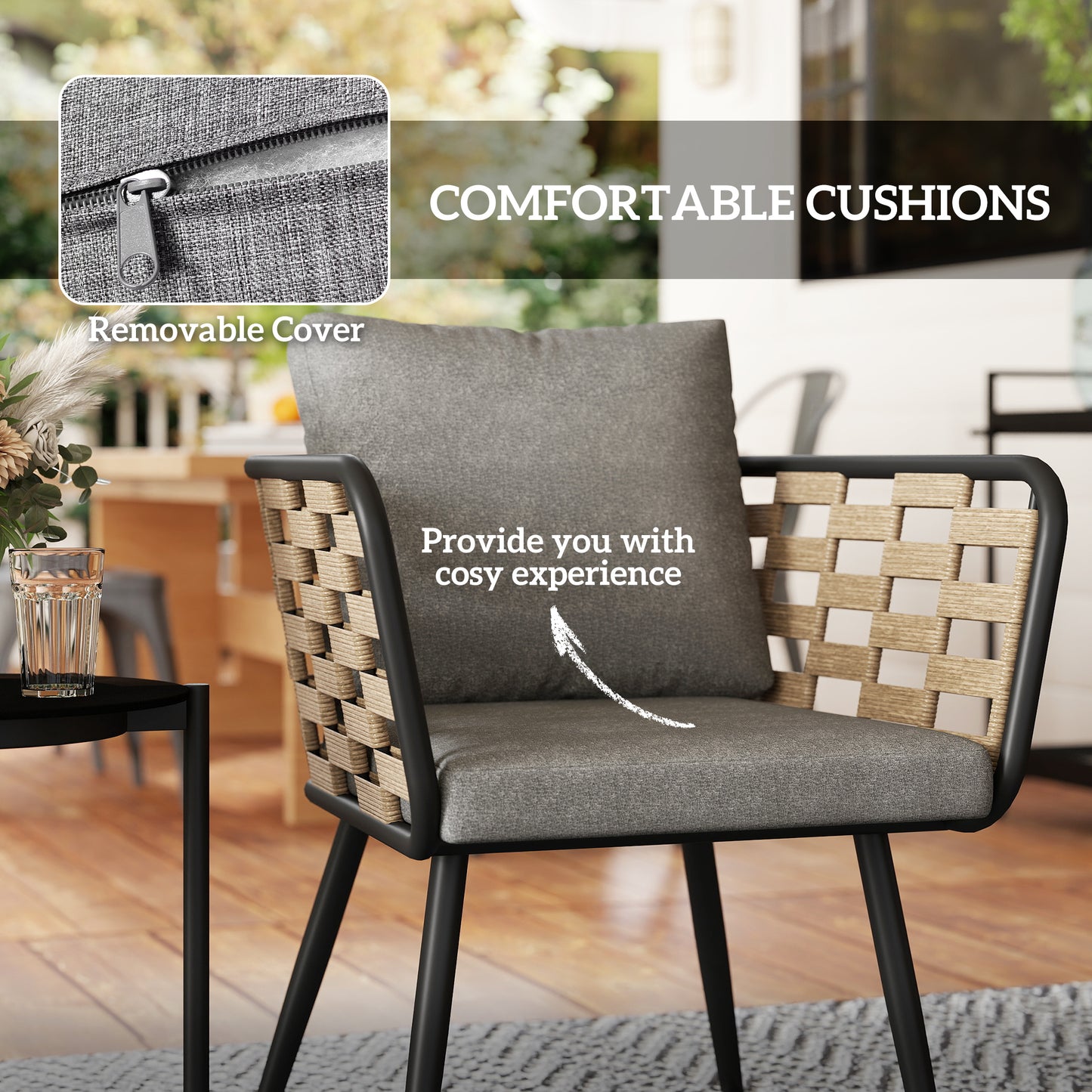3 Pieces Rattan Bistro Set, Wicker Garden Furniture Set w/ Cushions