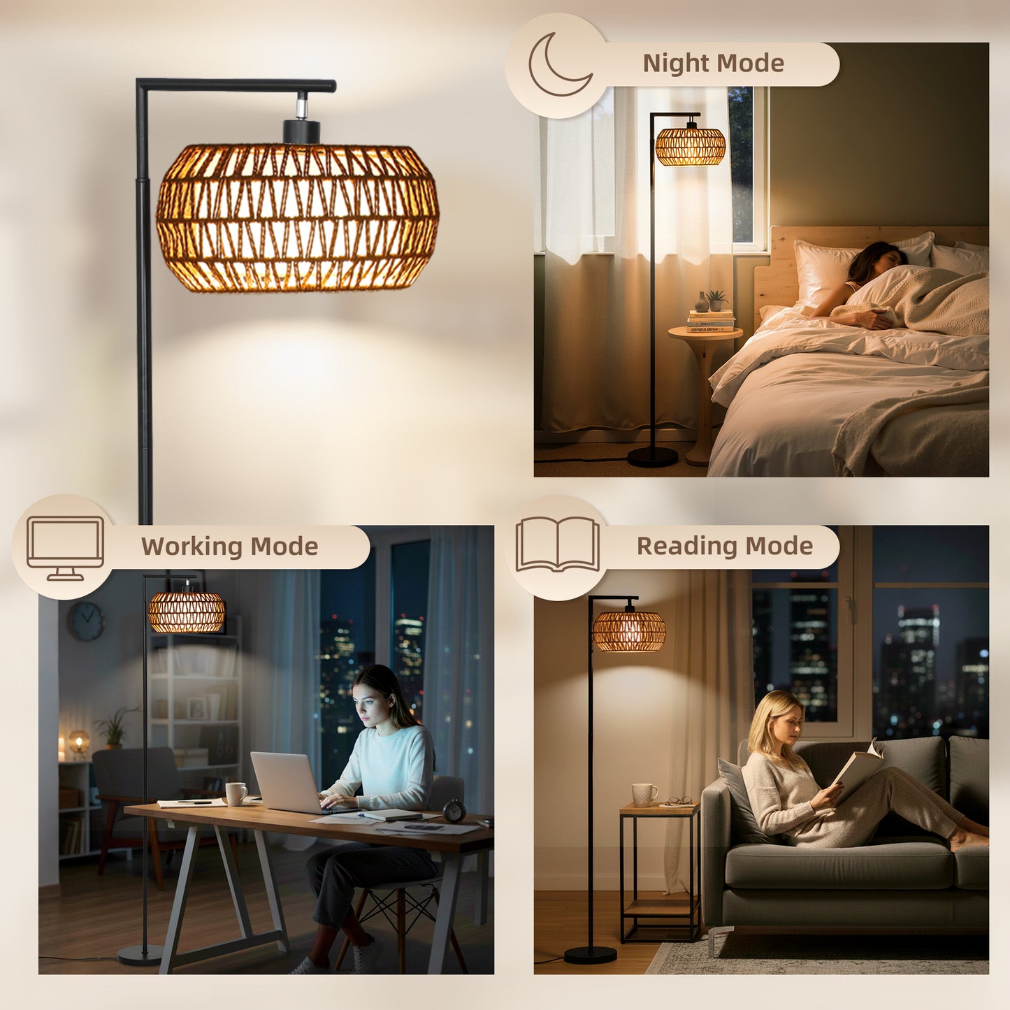 Dimmable Standing Lamp with Double Shade, Boho Floor Lamp, Black
