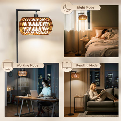Dimmable Standing Lamp with Double Shade, Boho Floor Lamp, Black