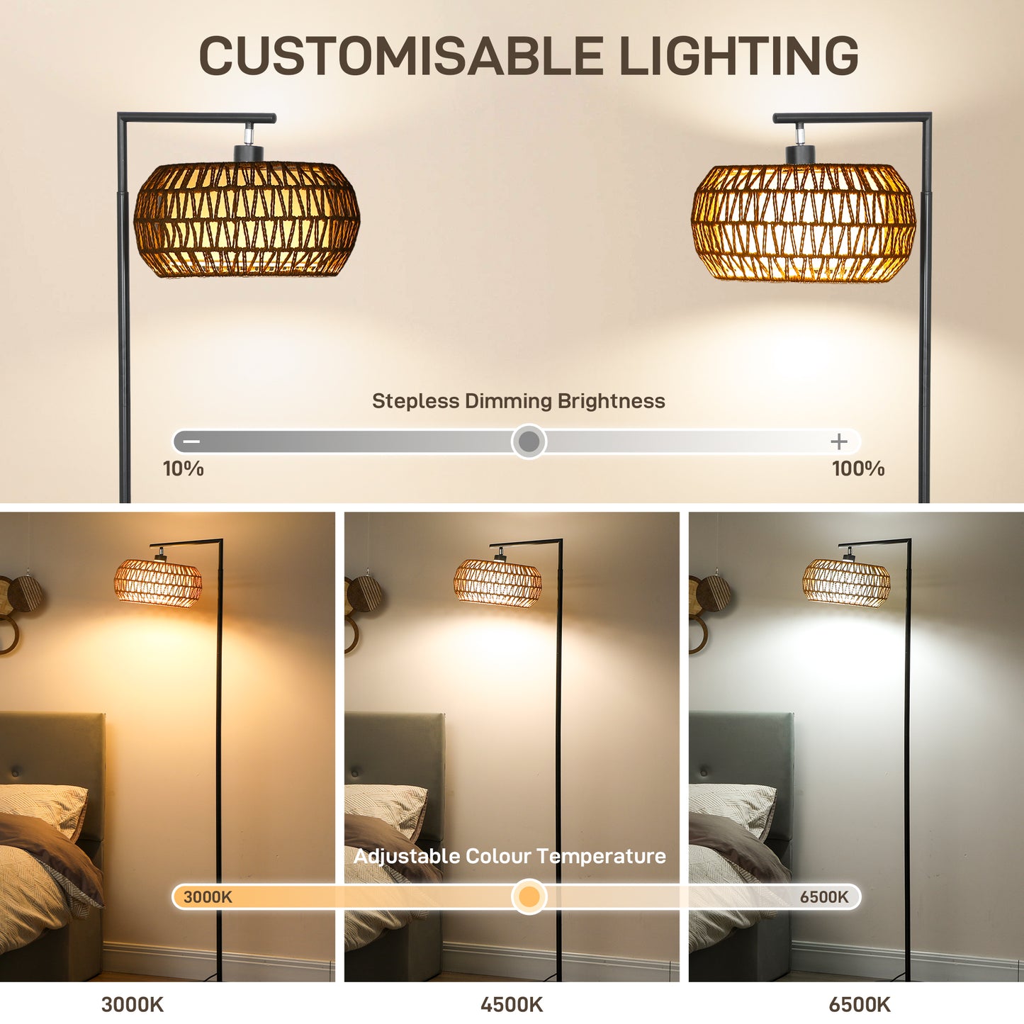 Dimmable Standing Lamp with Double Shade, Boho Floor Lamp, Black