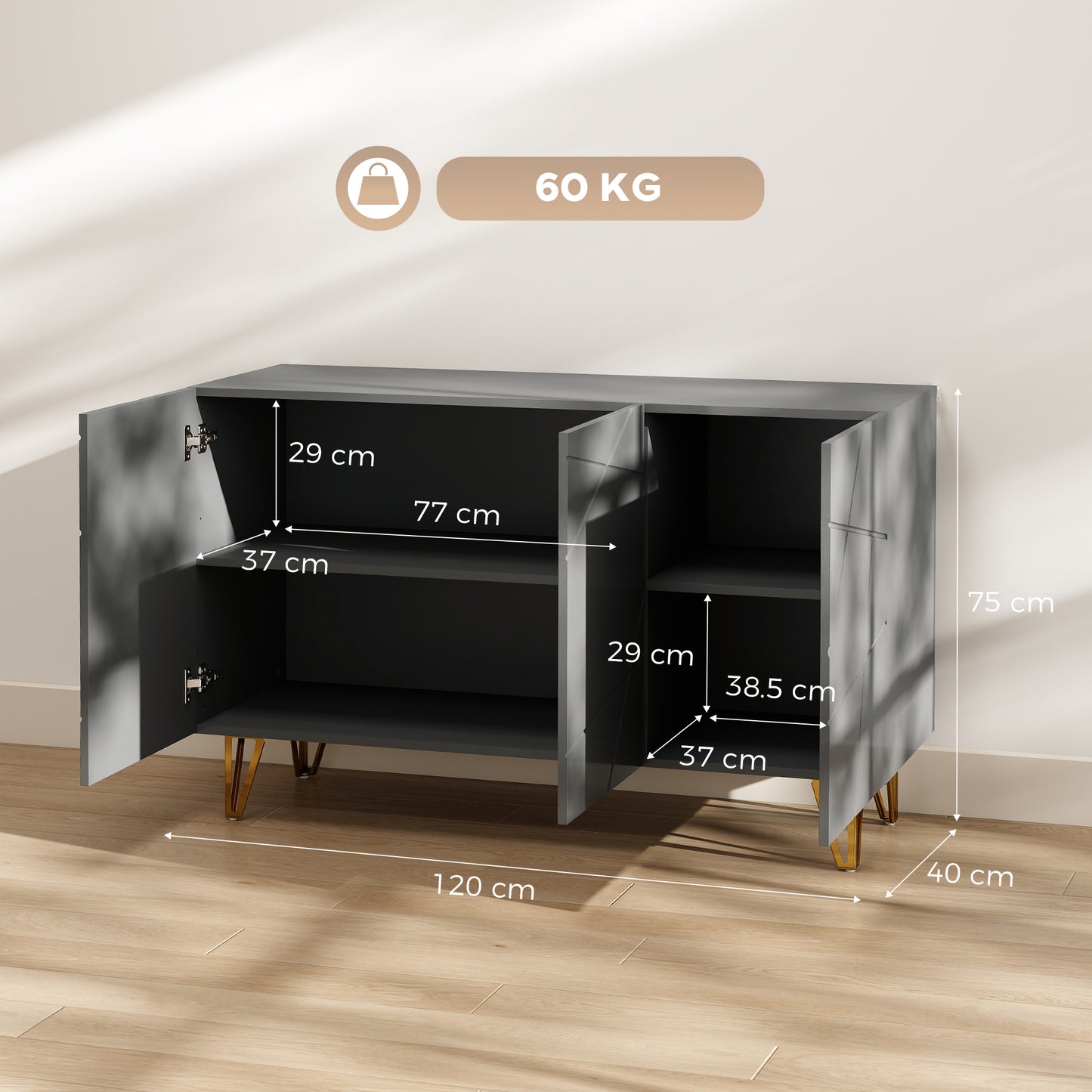Storage Cabinet, Sideboard with Adjustable Shelves, High Gloss Grey