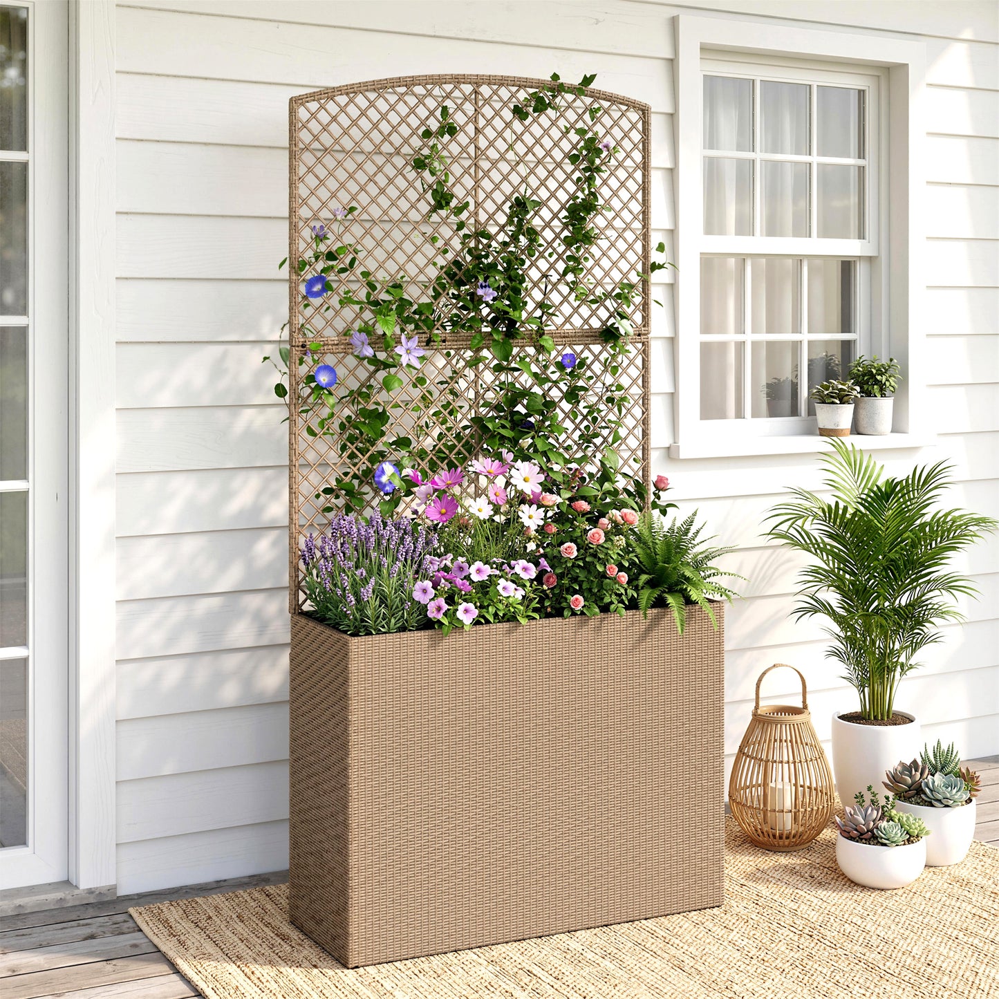 Garden Planter with Trellis, Rattan Raised Beds for Garden with Liner, Freestanding Outdoor Planter Box for Climbing Plants, Herbs, Vegetables, Flowers, 80 x 30 x 163 cm, Light Grey