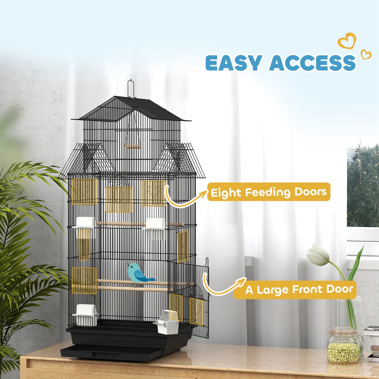 Metal Bird Cage w/ Perch, Food Container, Handle, for Finch, Canary