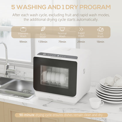 Countertop Dishwasher with Dual Water Supply and 6 Programs, White